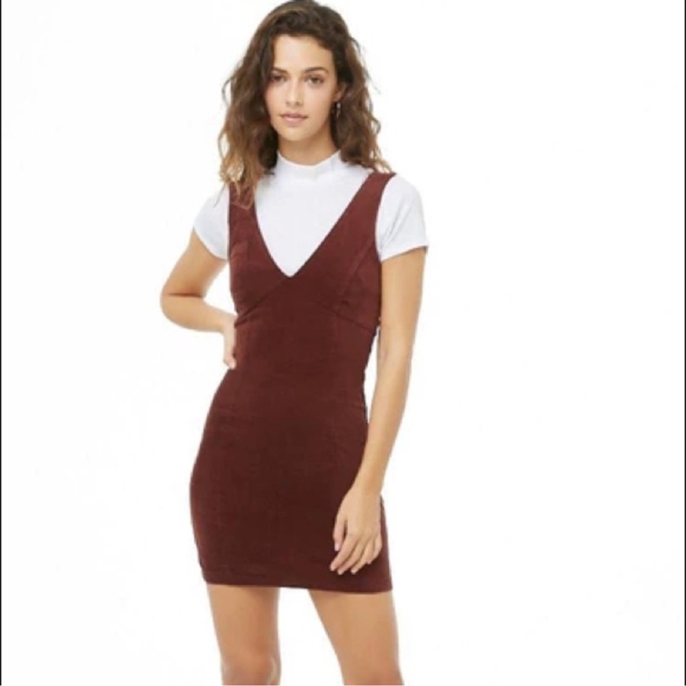 Forever 21 Jumper Mini Dress Women’s Medium Maroon Faux Suede V Neck Zip Back